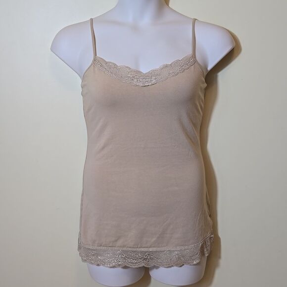 Express Y2K Lace Trim Tank Top Size Large Sexy Stretch Tan Shelf Bra Soft Girl - Picture 1 of 13